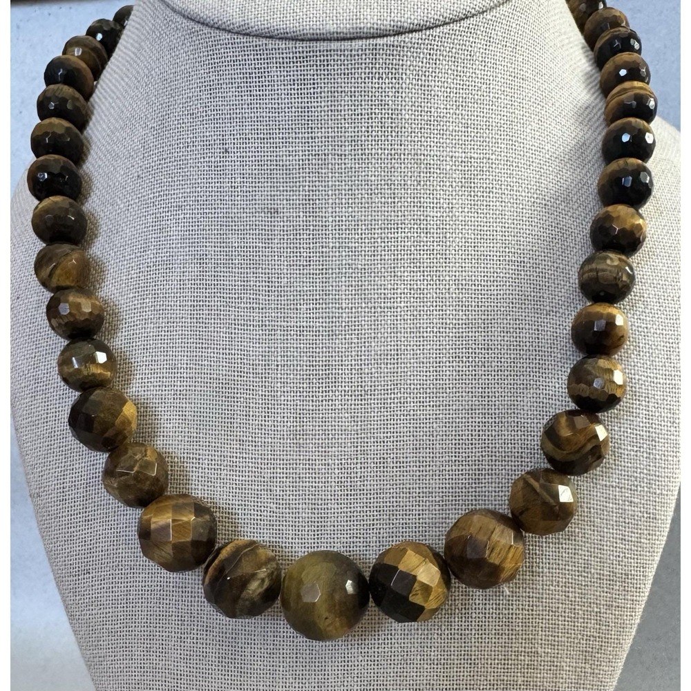 Tiger's Eye Necklace Faceted Graduated Beads 18" Sterling Silver Clasp Vintage